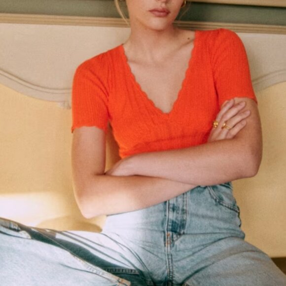 NWT Sezane Cloe Jumper Top - Tangerine Orange Short Sleeve Sweater Knit French - Picture 1 of 8